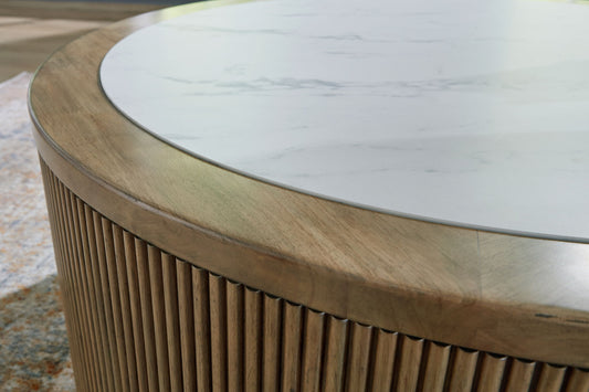 Camdill - Round Cocktail Table - Light Brown / White