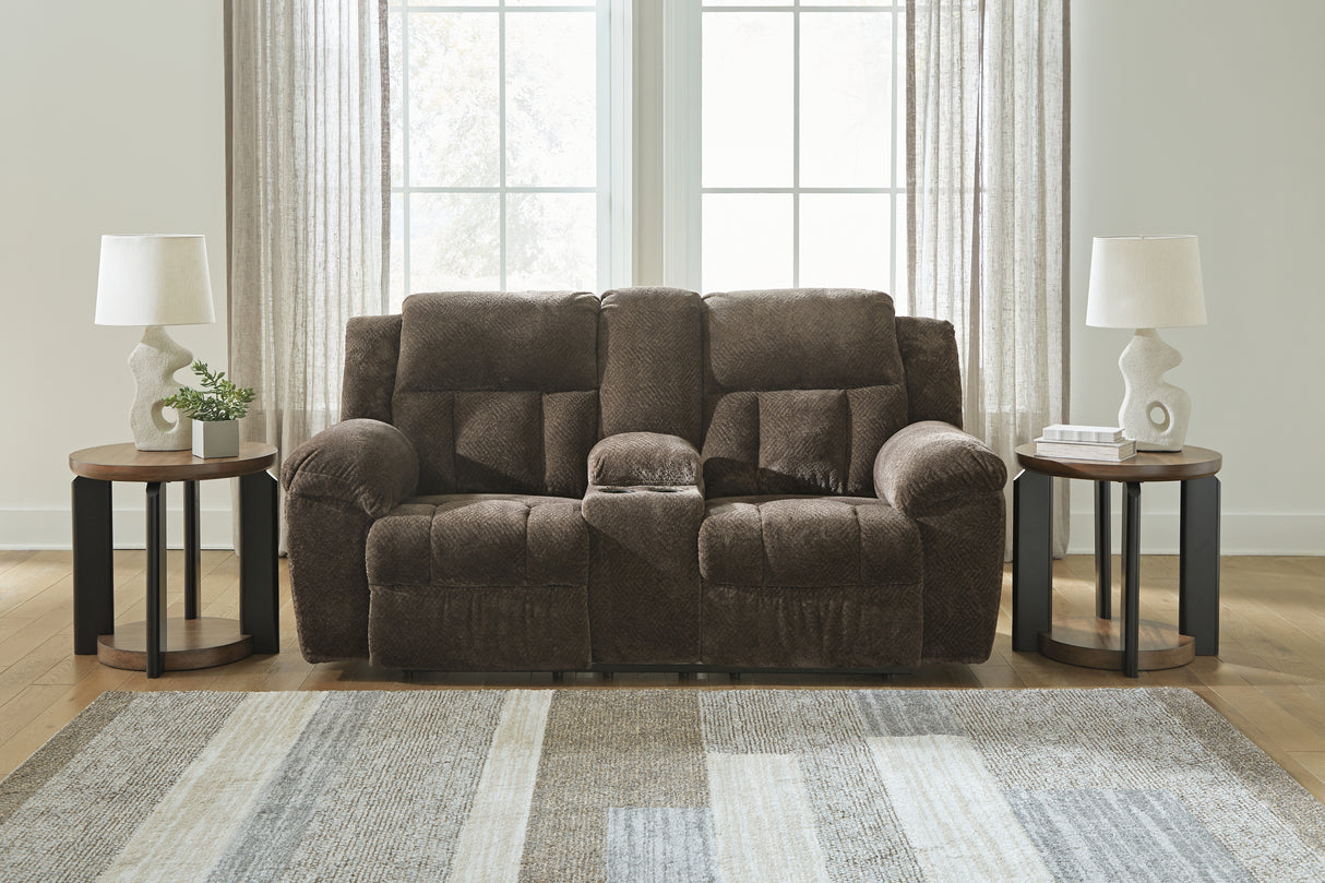 Furniture City Slidell - Ashley Furniture - Frohn Living Room - DBL Rec Loveseat w/Console / Chocolate - 3740794