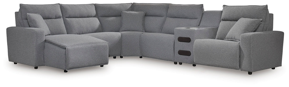 Furniture City Slidell - Ashley Furniture - ModMax II Sectional - 6-Piece Reclining Sectional with Chaise and Audio Console / Salt and Pepper - 65906S29