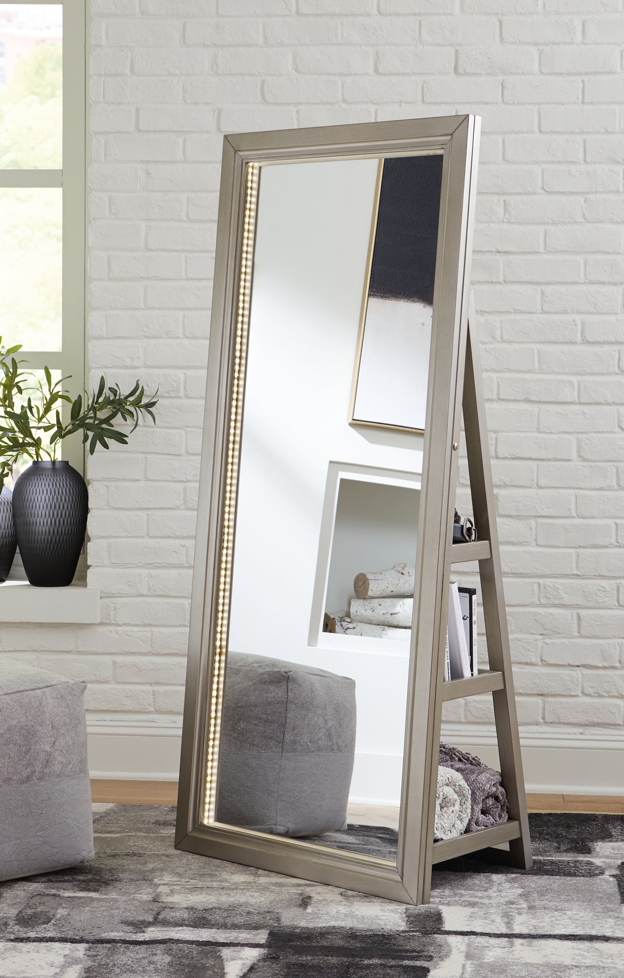 Furniture City Slidell - Ashley Furniture - Evesen Mirror - Floor Standing Mirror/Storage / White - A8010383