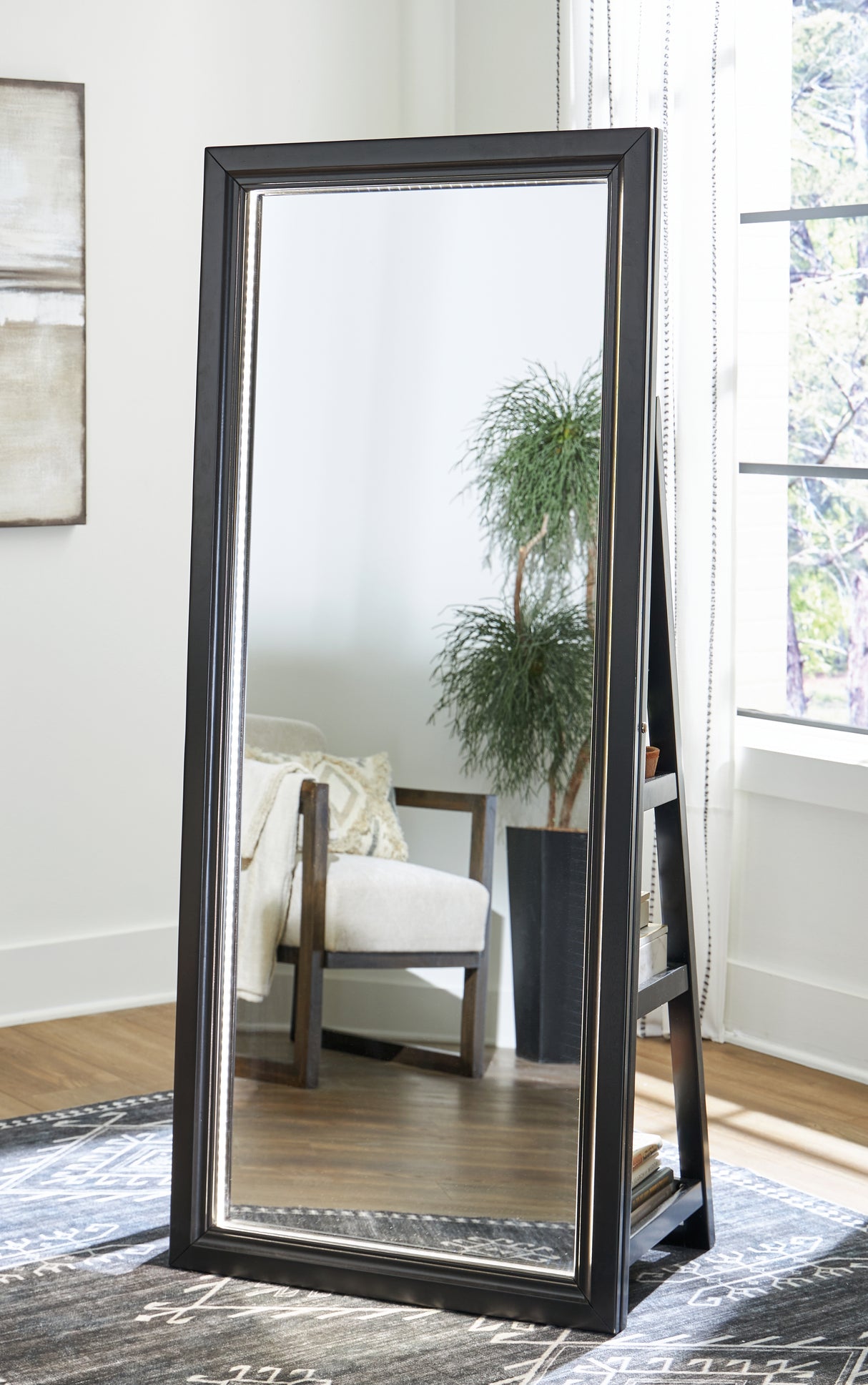 Furniture City Slidell - Ashley Furniture - Evesen Mirror - Floor Standing Mirror/Storage / Black - A8010384