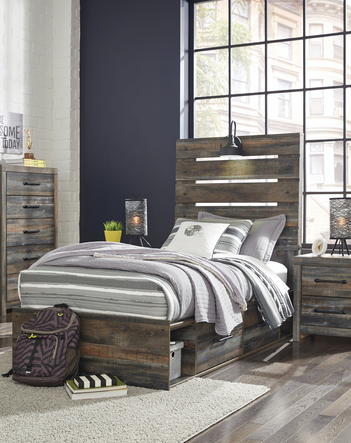 Furniture City Slidell - Ashley Furniture - Drystan Bedroom - Twin Panel Bed with 2 Storage Drawers / Multi - B211B8