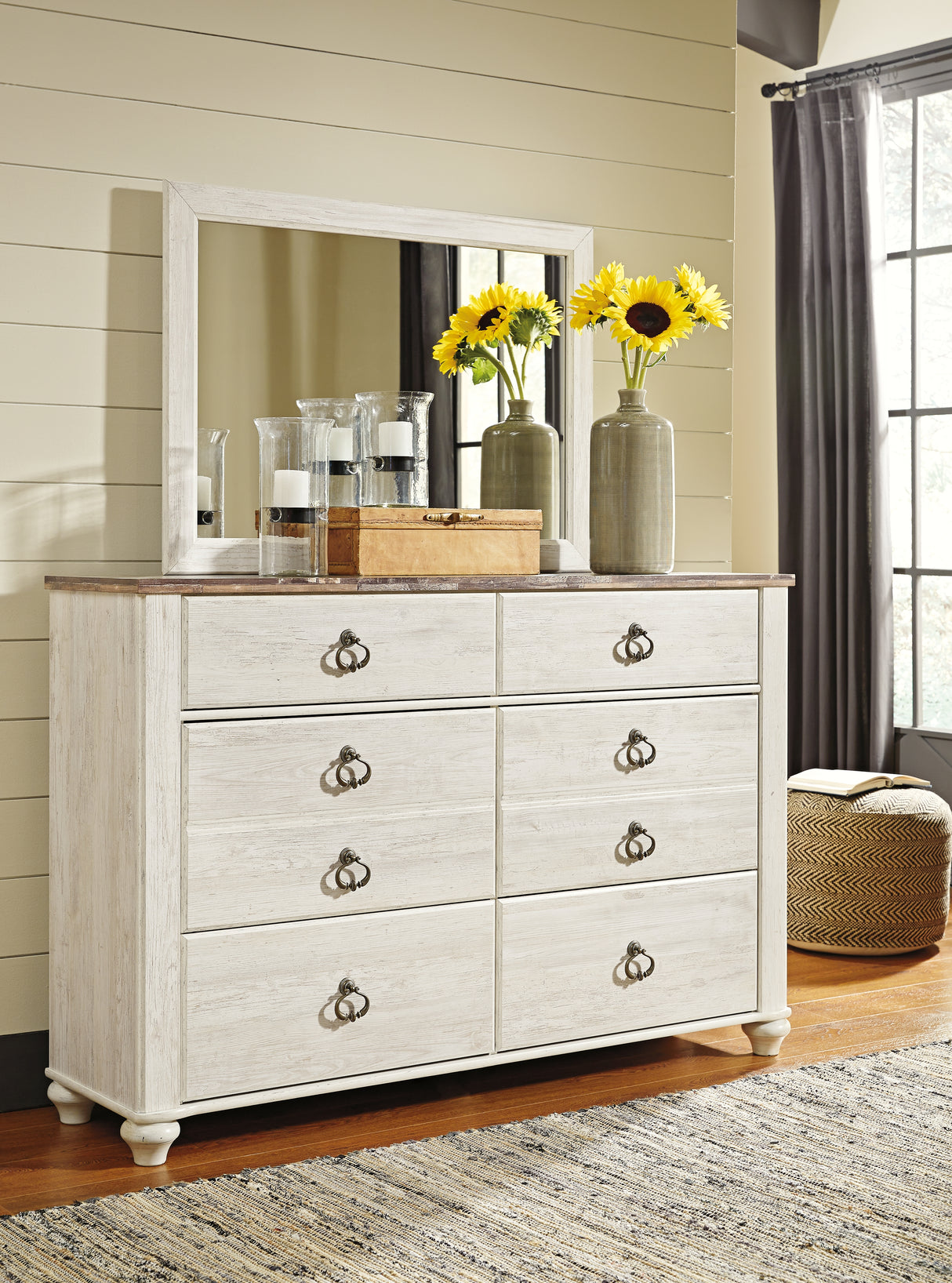 Furniture City Slidell - Ashley Furniture - Willowton Bedroom - Dresser and Mirror / Whitewash - B267B1