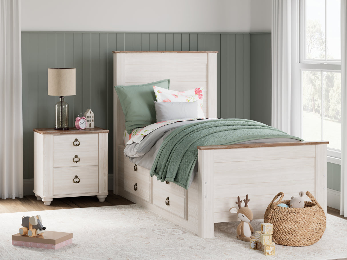 Furniture City Slidell - Ashley Furniture - Willowton Bedroom - Twin Panel Bed with 2 Storage Drawers / Whitewash - B267B21
