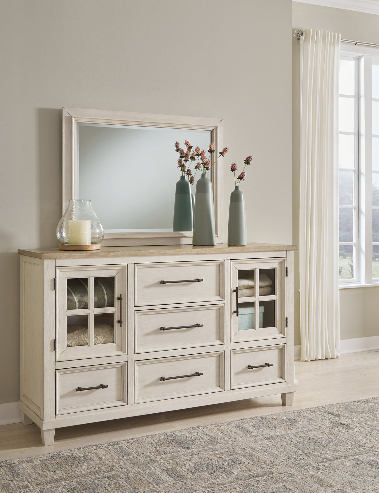 Furniture City Slidell - Ashley Furniture - Shaybrock Bedroom - Dresser and Mirror / Antique White/Brown - B683B1