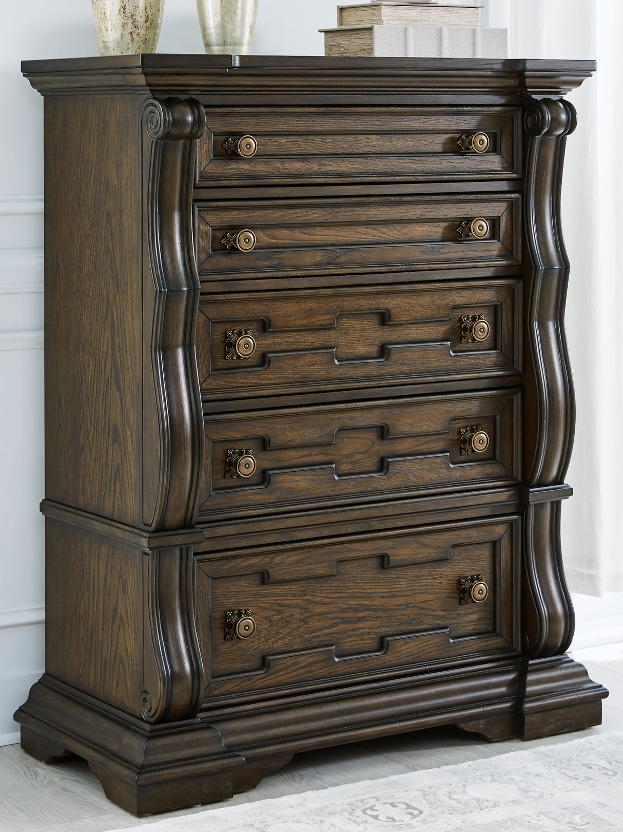 Furniture City Slidell - Ashley Furniture - Maylee Bedroom - Five Drawer Chest / Dark Brown - B947-46