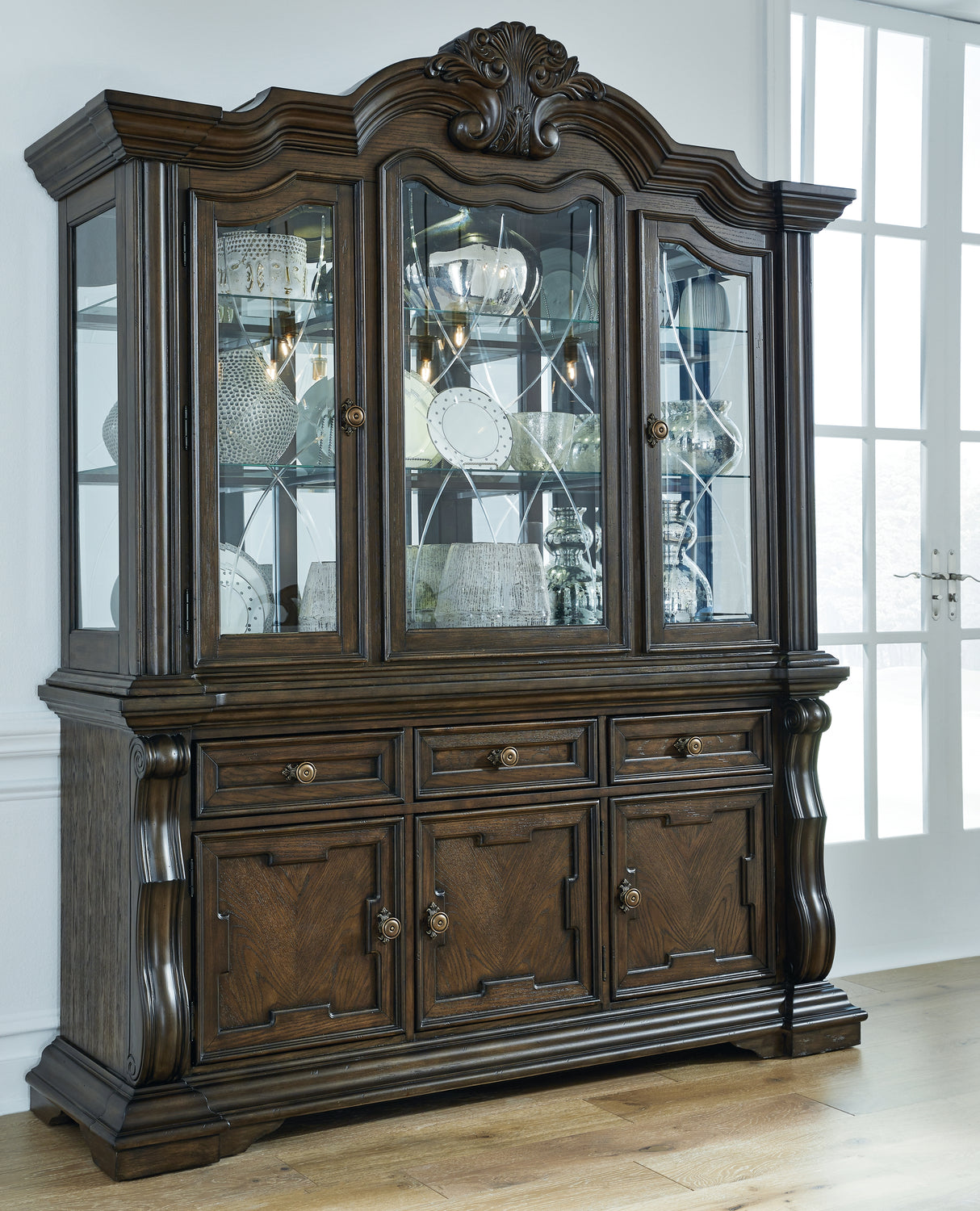 Furniture City Slidell - Ashley Furniture - Maylee Dining Room - Dining Buffet and Hutch / Dark Brown - D947D1