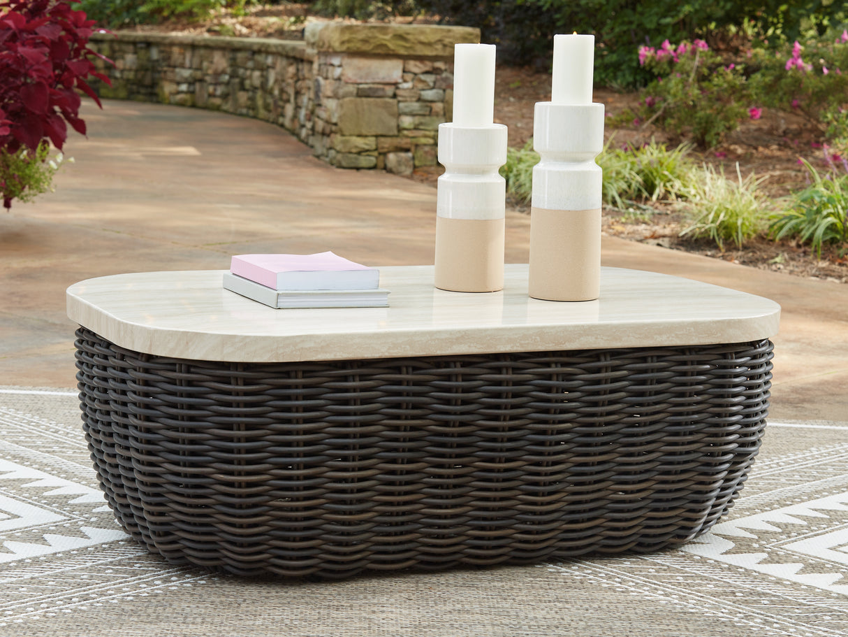 Furniture City Slidell - Ashley Furniture - Kimora Outdoor - Rectangular Cocktail Table / Beige/Dark Brown - P711-701