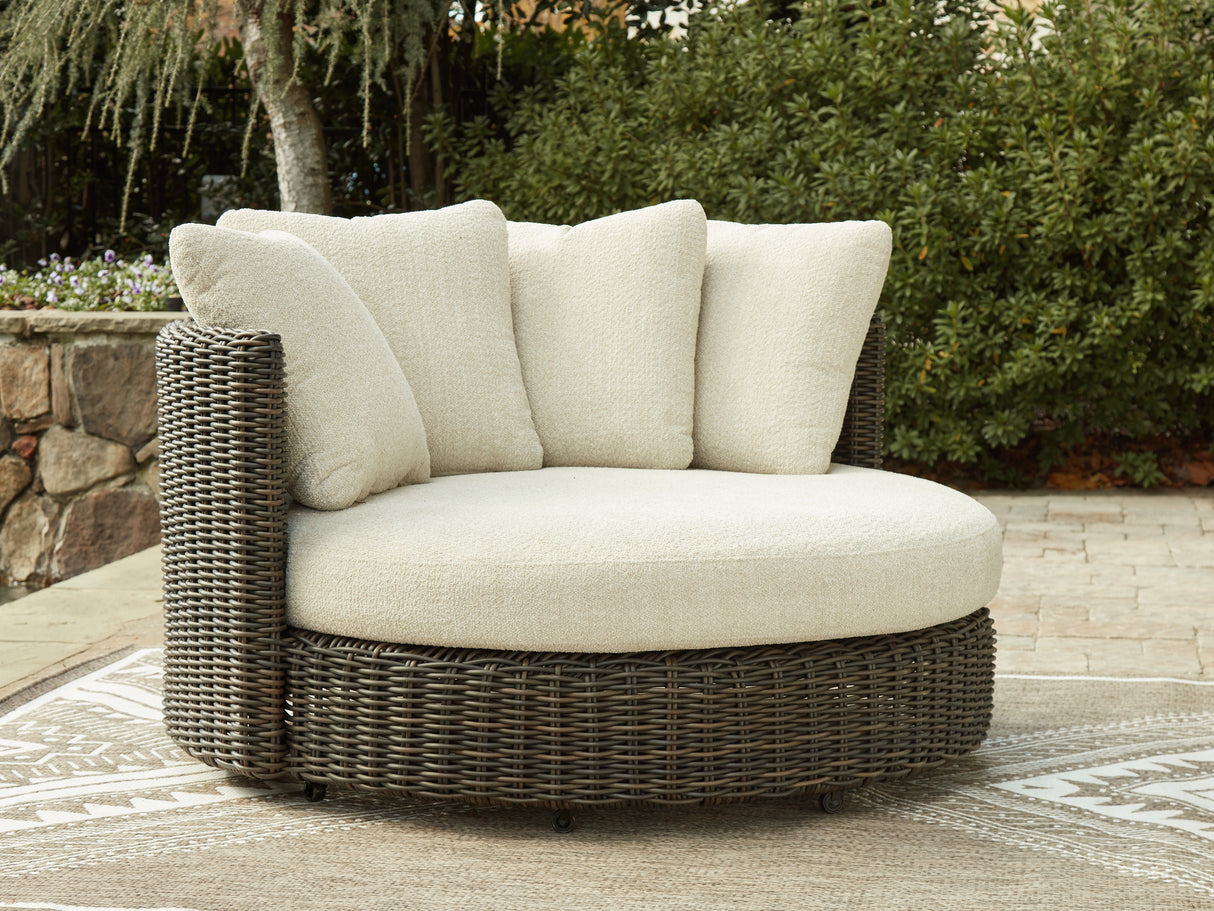 Furniture City Slidell - Ashley Furniture - Kimora Outdoor - Swivel Lounge Chair w/Cushion / Beige/Dark Brown - P711-810