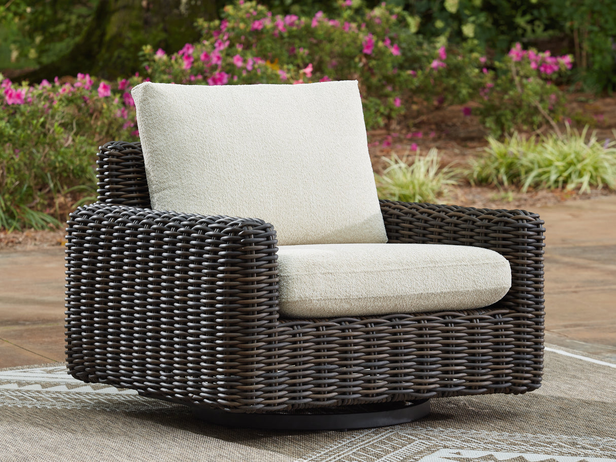 Furniture City Slidell - Ashley Furniture - Kimora Outdoor - Swivel Glider Lounge w/Cushion / Beige/Dark Brown - P711-821