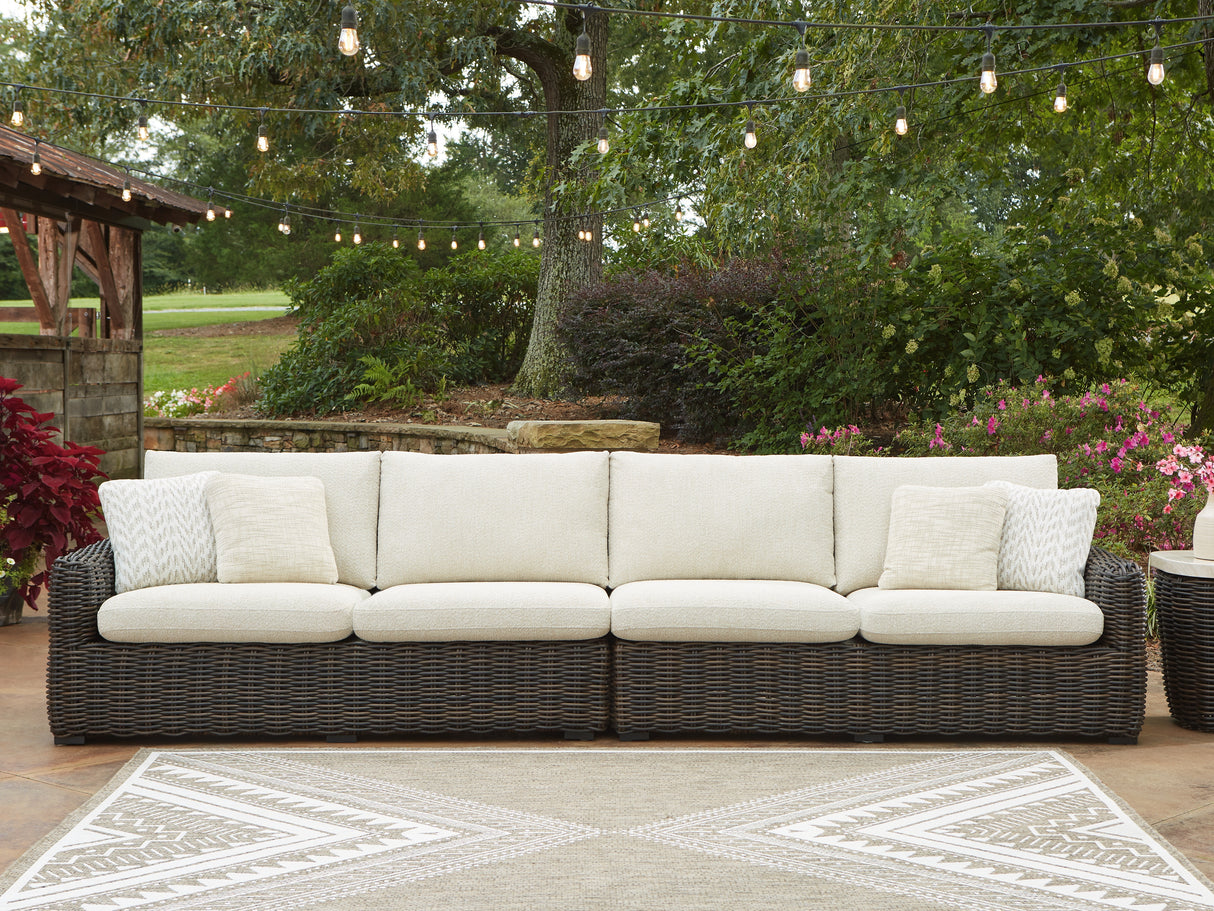 Furniture City Slidell - Ashley Furniture - Kimora Outdoor - RAF/LAF Loveseat w/CUSH (Set of 2) / Beige/Dark Brown - P711-854