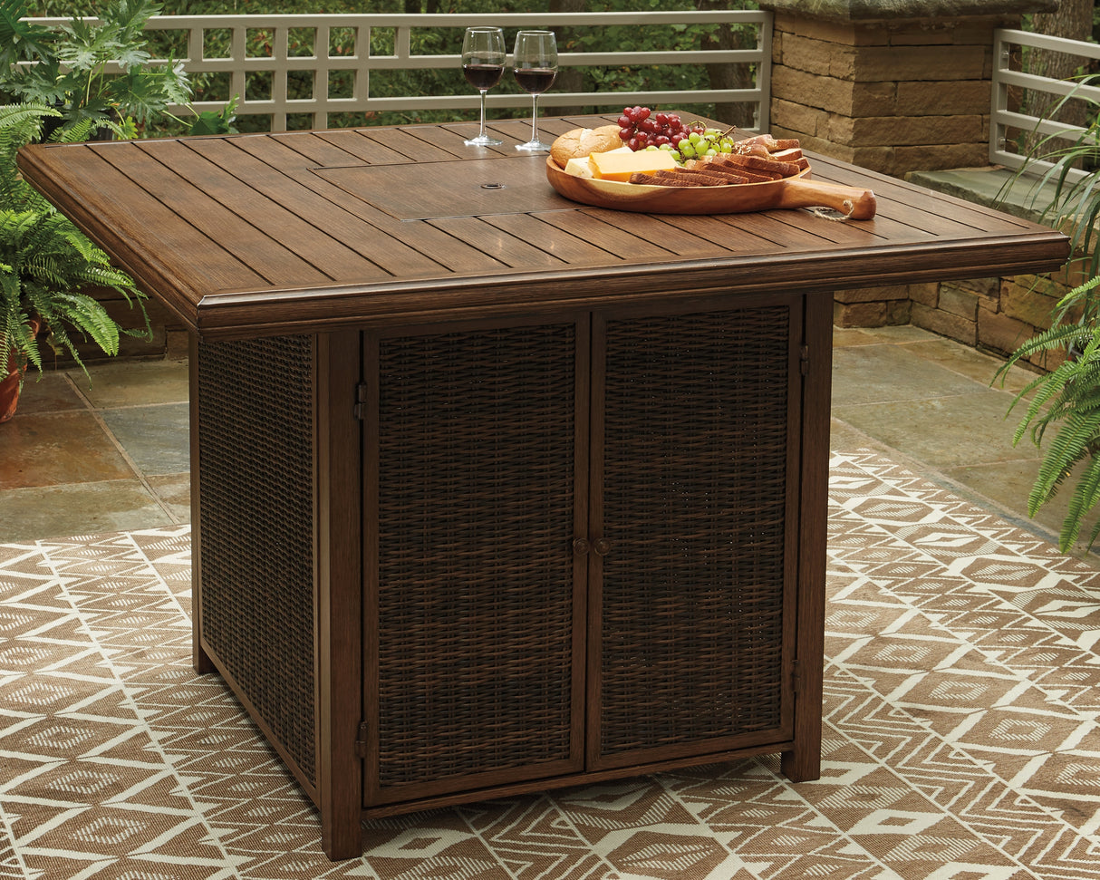 Furniture City Slidell - Ashley Furniture - Paradise Trail Outdoor - Square Bar Table w/Fire Pit / Medium Brown - P750-665