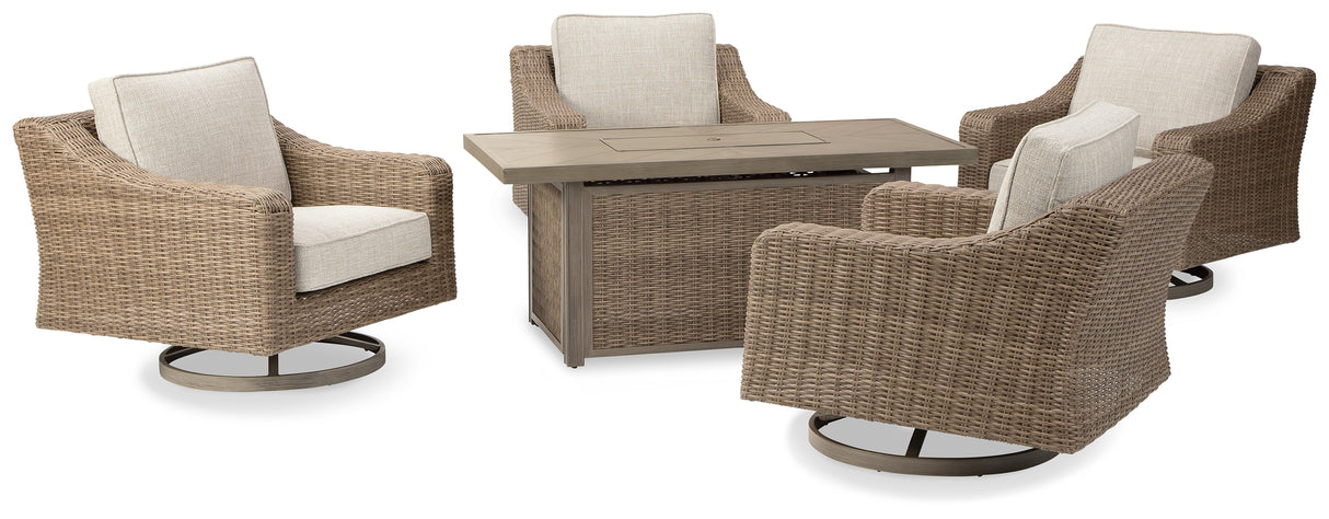 Furniture City Slidell - Ashley Furniture - Beachcroft Outdoor - 5-Piece Outdoor Fire Pit Table with 4 Chairs / Beige - P791P17