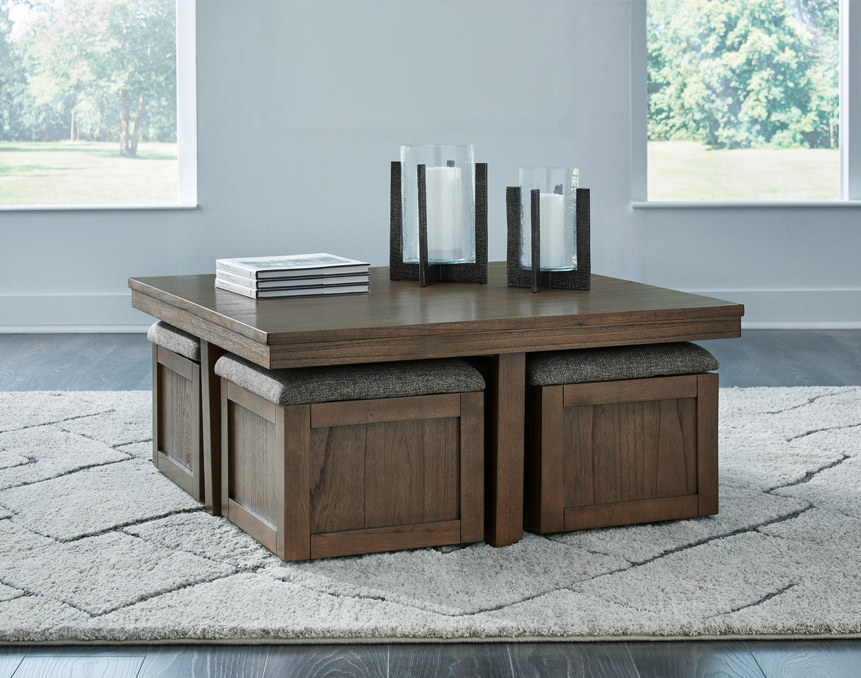Furniture City Slidell - Ashley Furniture - Boardernest Coffee Table with 4 Stools - Cocktail TBL w/4 Stools (5/CN) / Brown - T738-20