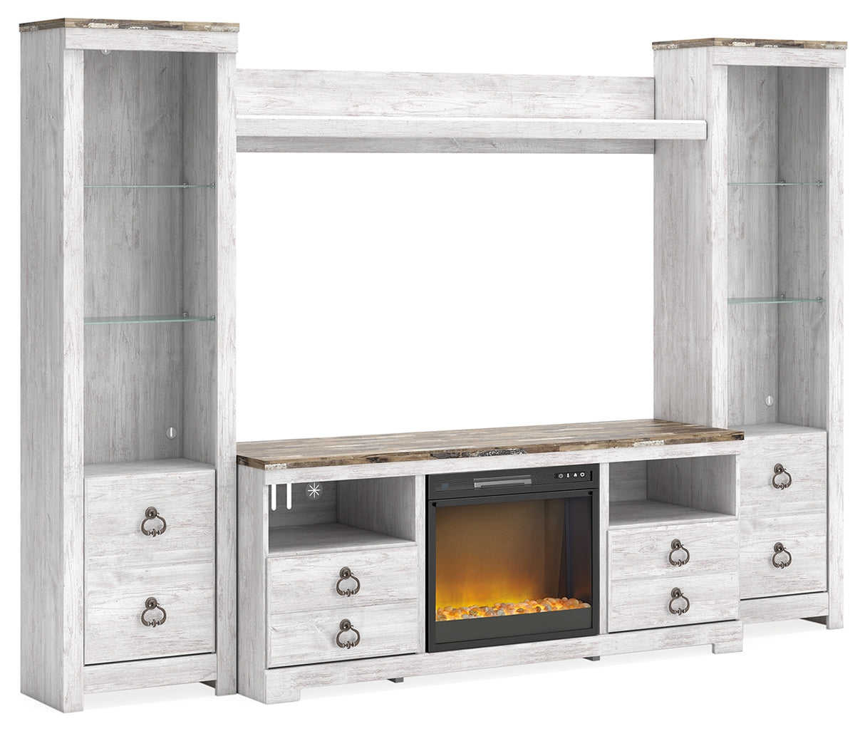 Furniture City Slidell - Ashley Furniture - Willowton 4-Piece Entertainment Center with Electric Fireplace - 4-Piece Entertainment Center with Electric Fireplace / Whitewash - W267W4