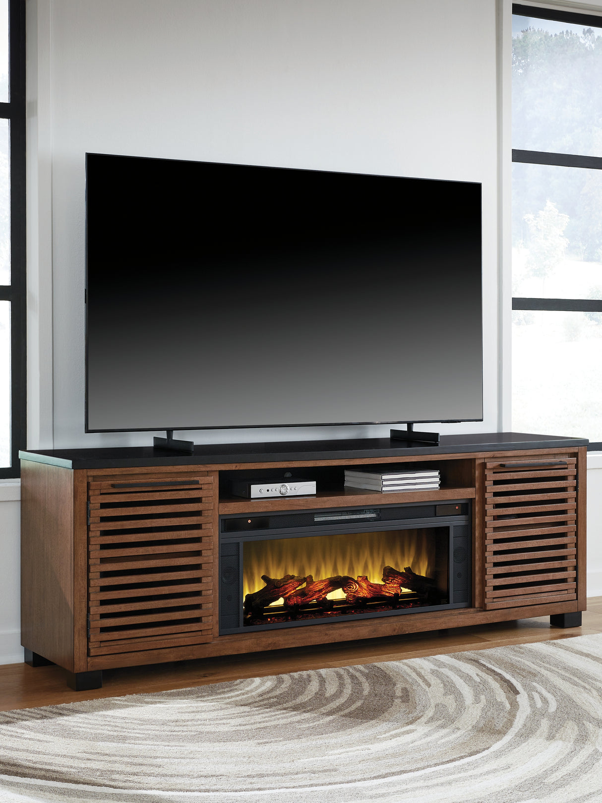 Furniture City Slidell - Ashley Furniture - Kallari 84" TV Stand with Electric Fireplace - 84" TV Stand with Electric Fireplace / Warm Brown/Black - W737W1