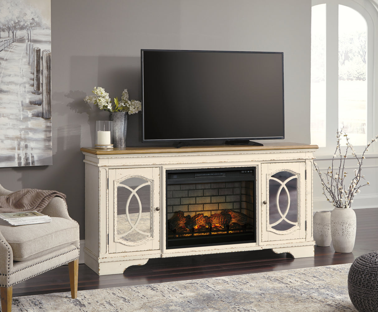 Furniture City Slidell - Ashley Furniture - Realyn 74" TV Stand with Electric Fireplace - 74" TV Stand with Electric Fireplace / Chipped White - W743W2