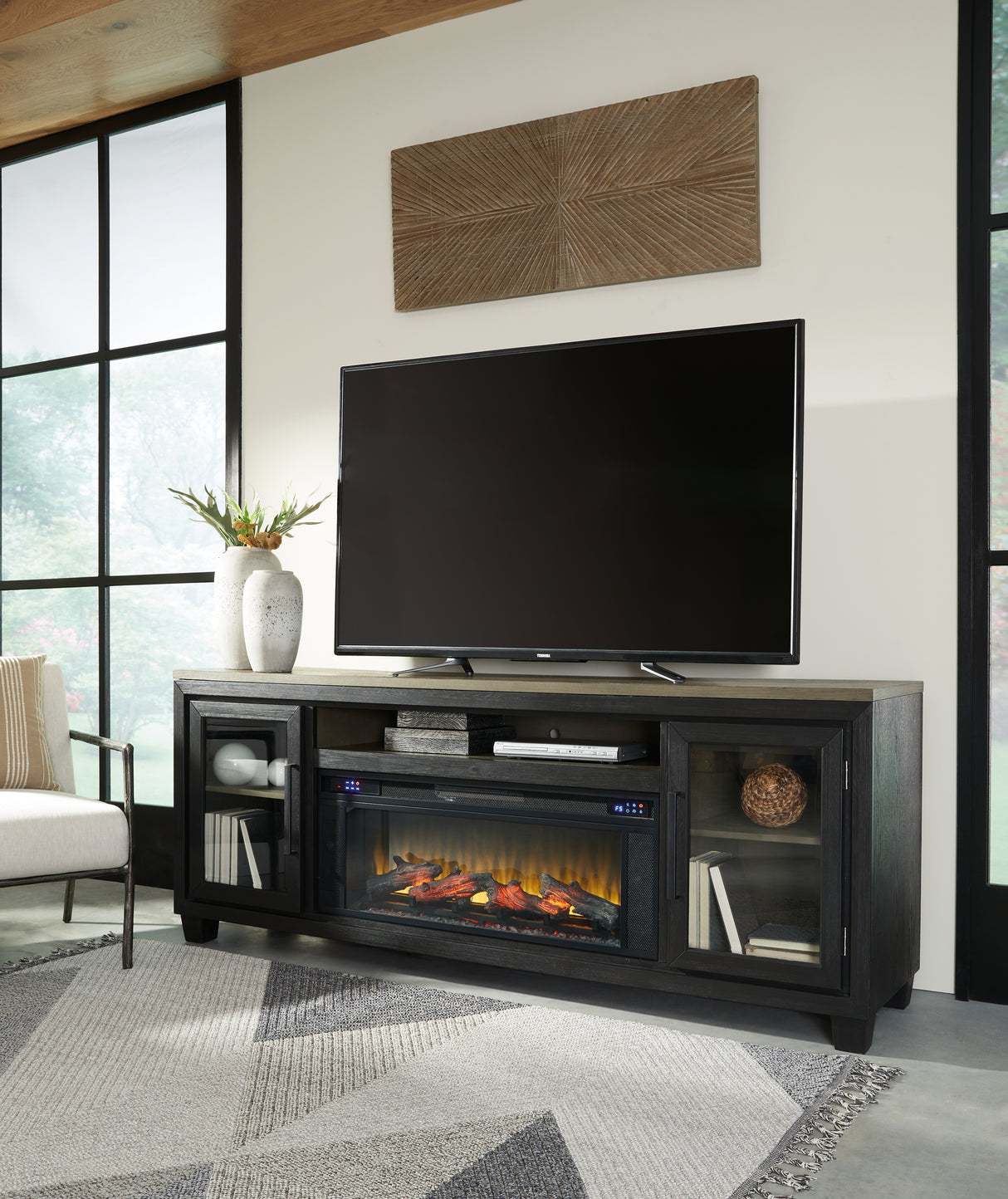 Furniture City Slidell - Ashley Furniture - Foyland 83" TV Stand with Electric Fireplace - 83" TV Stand with Electric Fireplace / Black/Brown - W989W1