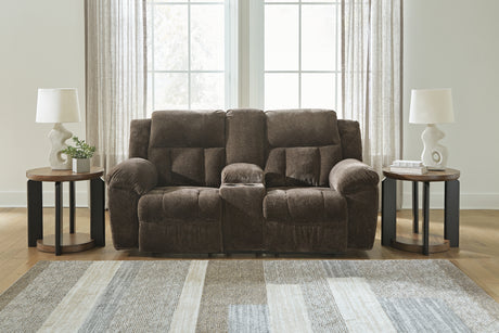 Furniture City Slidell - Ashley Furniture - Frohn Living Room - DBL Rec Loveseat w/Console / Chocolate - 3740794
