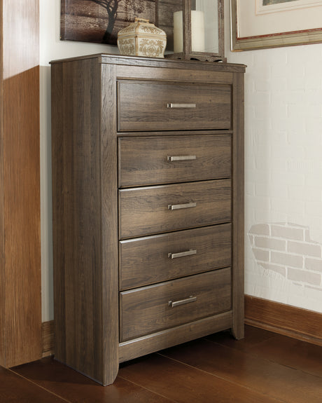 Furniture City Slidell - Ashley Furniture - Juararo Bedroom - Five Drawer Chest / Dark Brown - B251-46