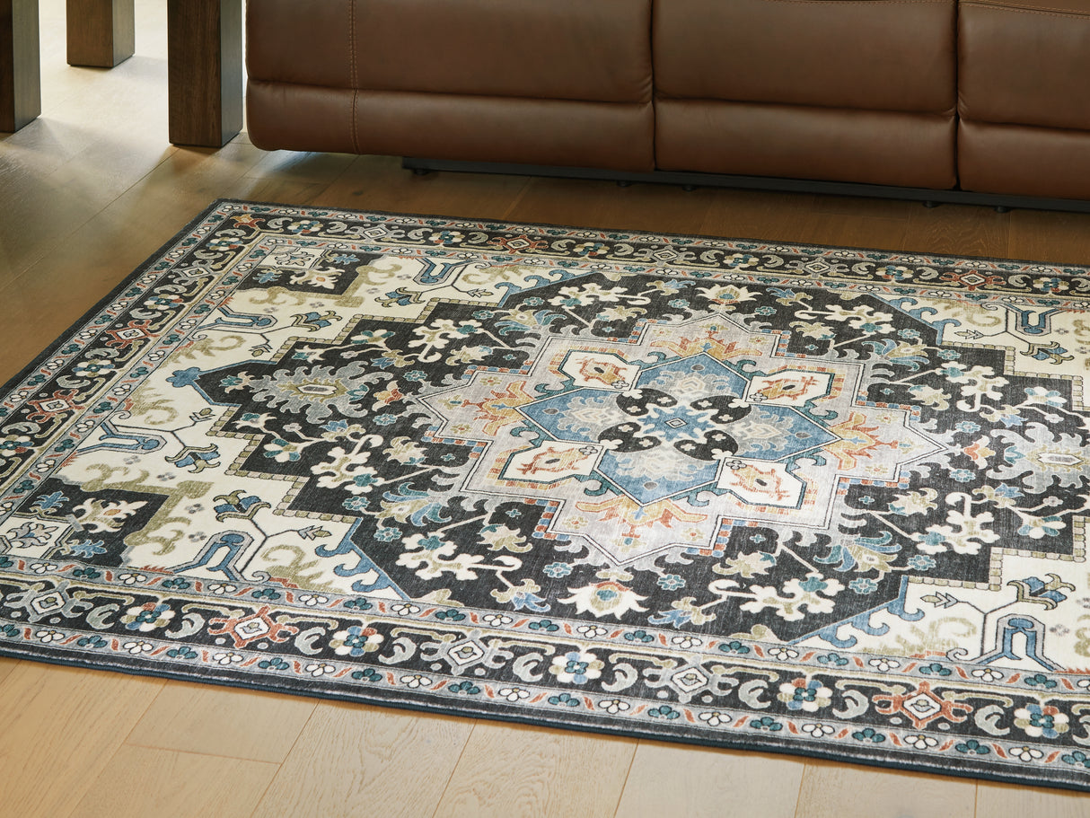 Furniture City Slidell - Ashley Furniture - Leningston Rug - 8' x 10' Washable Rug / Black/Cream/Blue - R407061