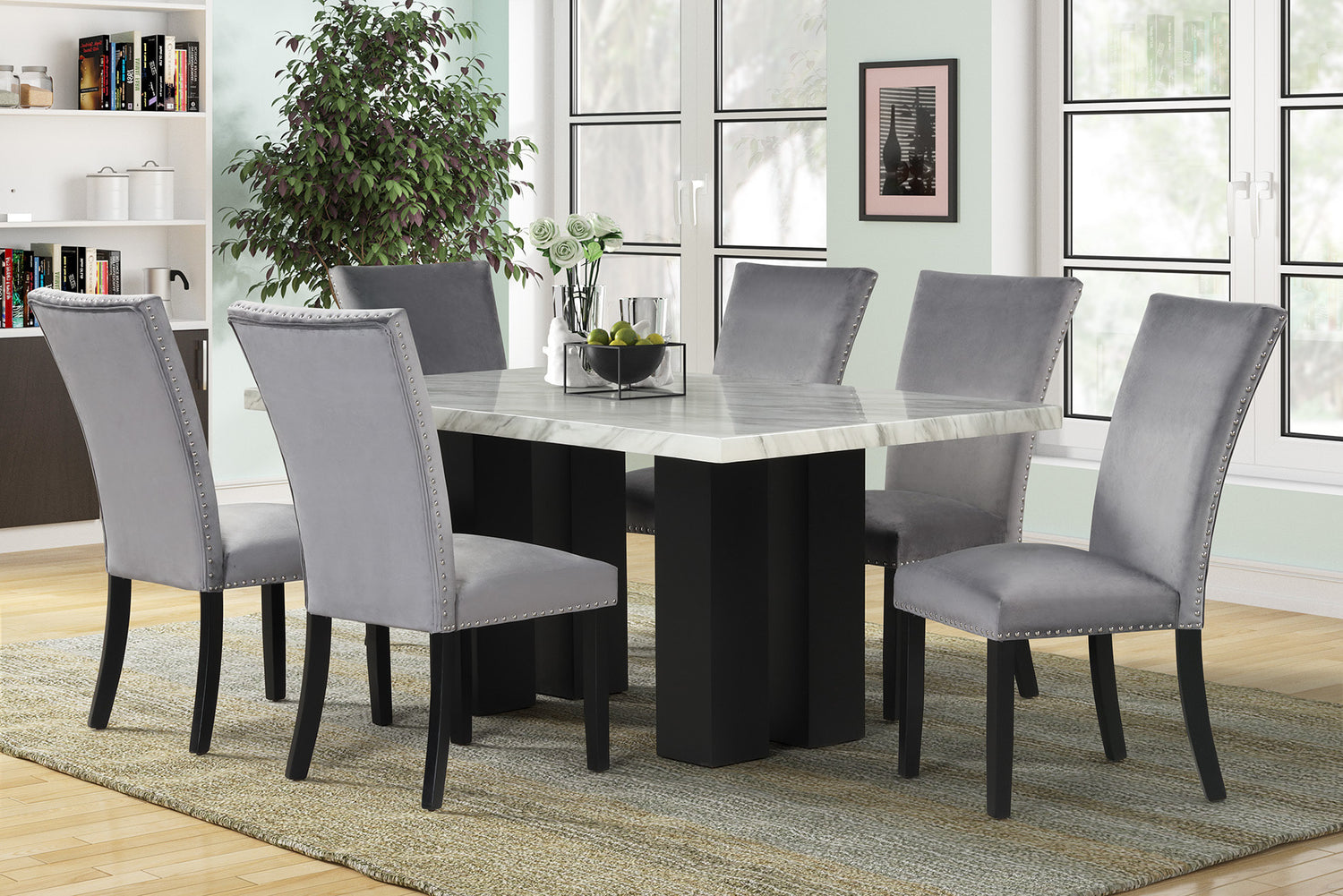 1220 - (FAUX MARBLE) Dining Table + 6 Chair Set